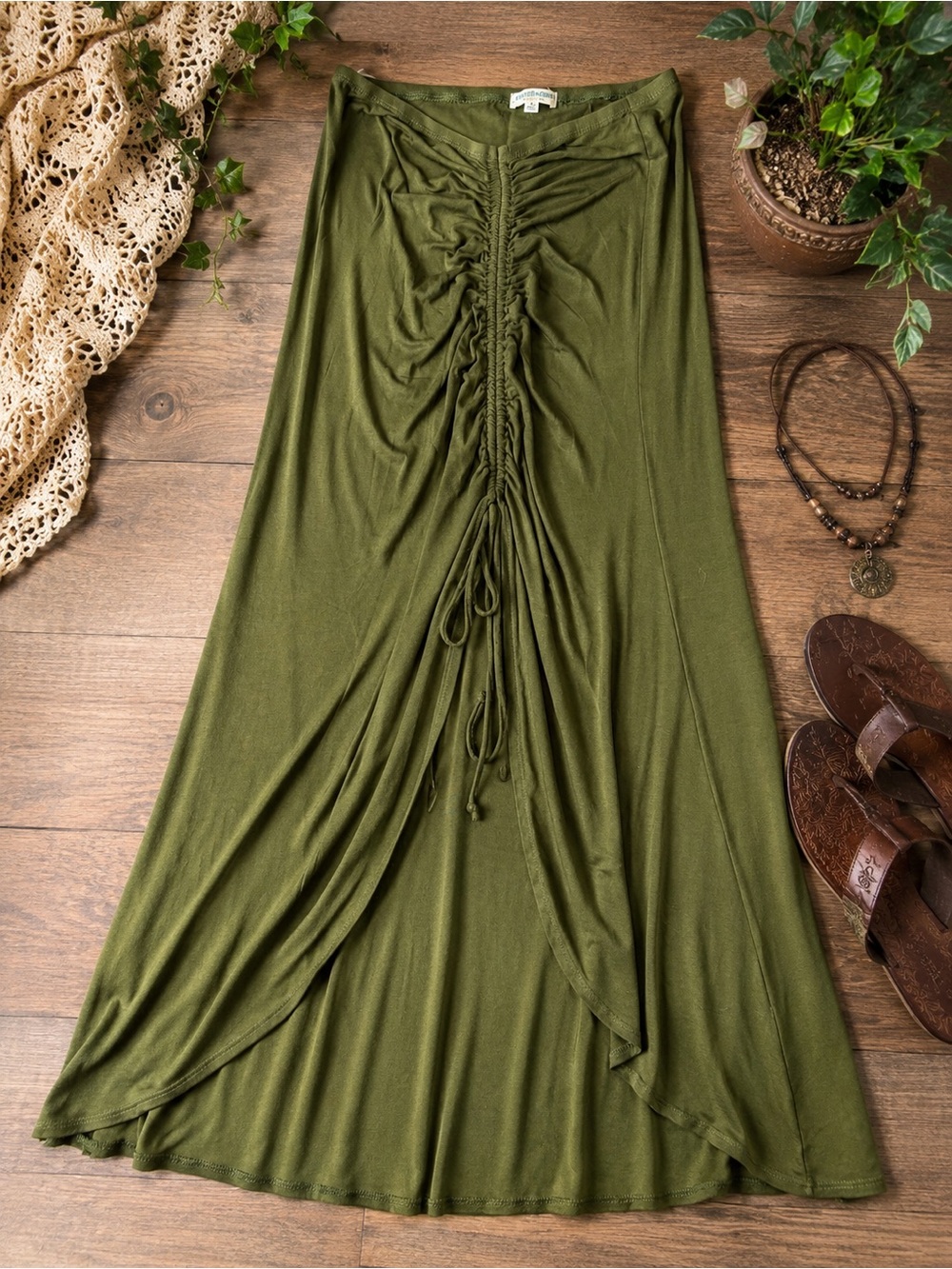 Earthbound Bound Trading Co. Olive Ruched Maxi Skirt Boho Festival Fairycore XL
